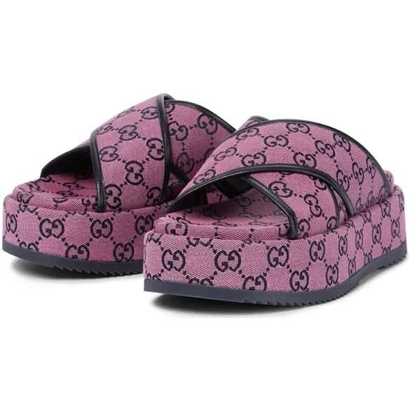 Gucci GG Print Platform Sandals Slides 10.5 Purple Black Luxury Designer Y2K 90s - Picture 3 of 11